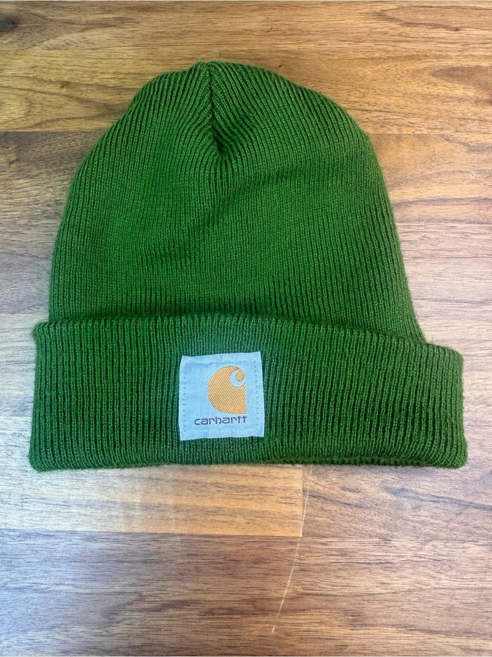 Carhartt Green Ribbed Cuffed Beanie with Logo Patch Original Mens